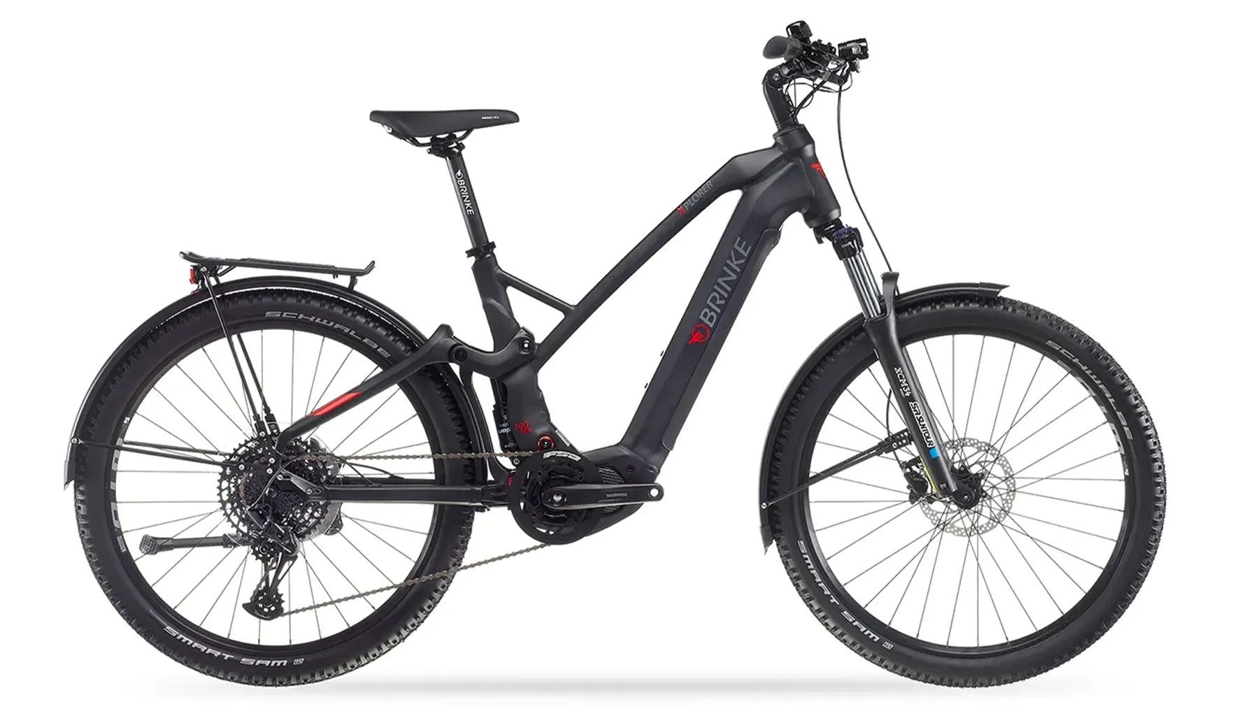 Vista di lato di una bicicletta elettrica e trekking modello Xplorer di colore nero
