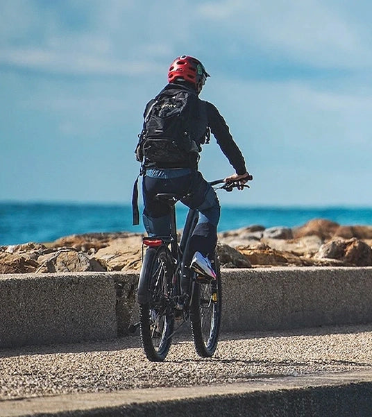 Uomo guida bicicletta elettrica da trekking, per escursioni