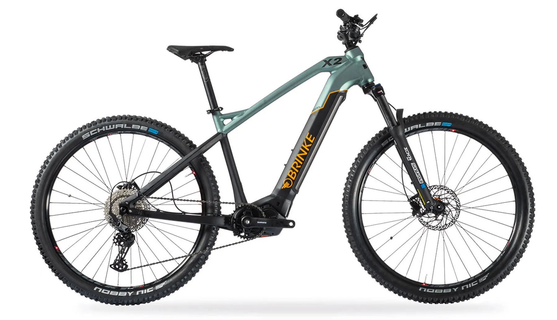 Vista di lato di una bicicletta elettrica da mountain bike modello X2r Hardtrail di colore nero, azzurro e giallo