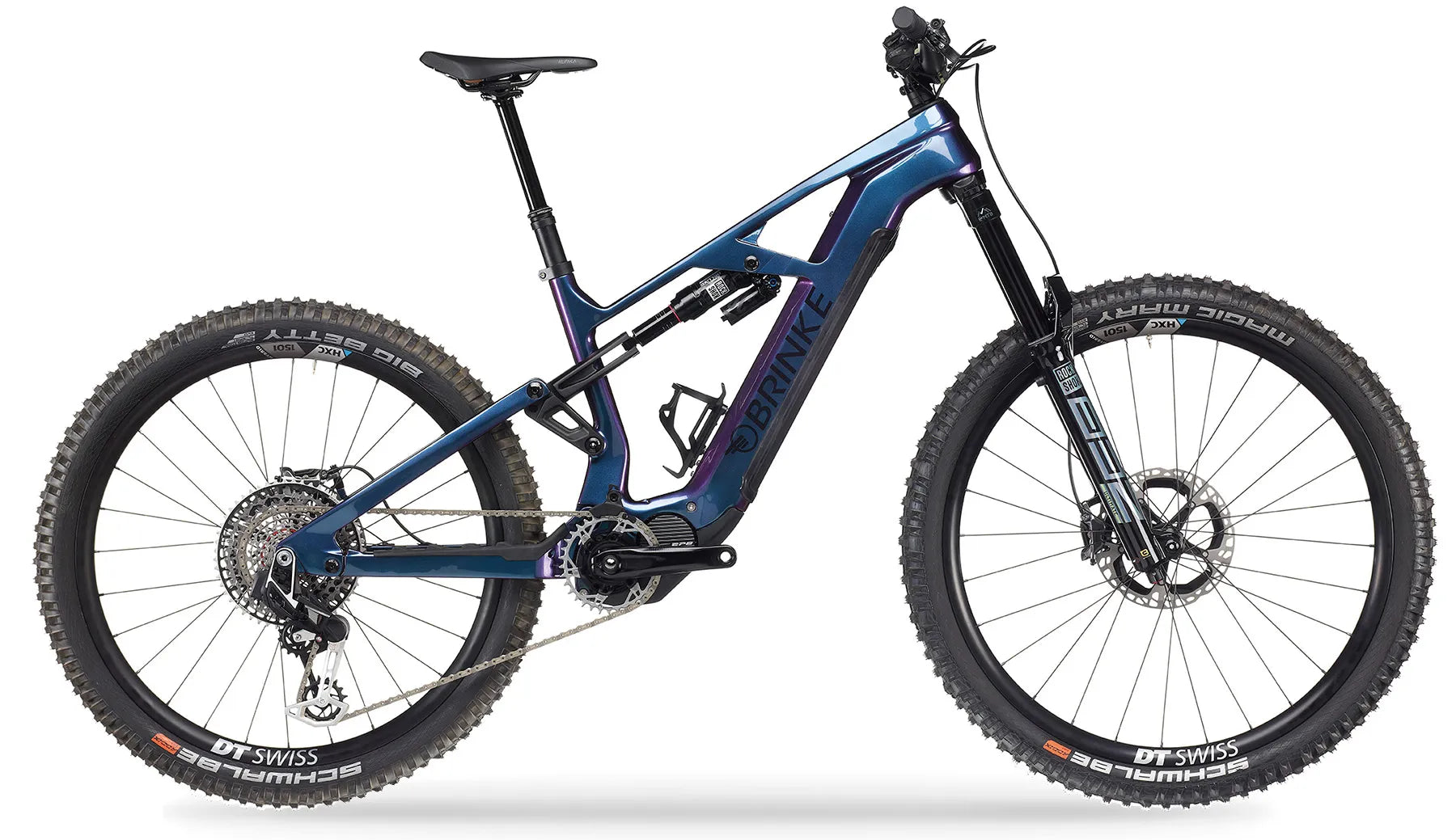 Vista di lato di una bicicletta elettrica da mountain bike modello XXR Carbon Race LTD Full suspended di colore blu e viola